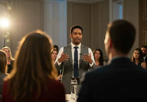 Una persona carismática hablando con confianza, cautivando a una audiencia.