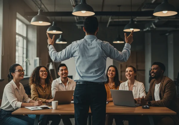 Charismatic leader inspiring a diverse team with confidence.