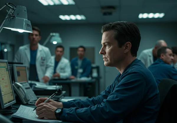 Person calm and focused in a high-pressure crisis room.