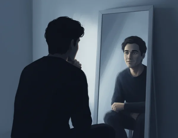 Person looking thoughtfully into a mirror in a dimly lit room